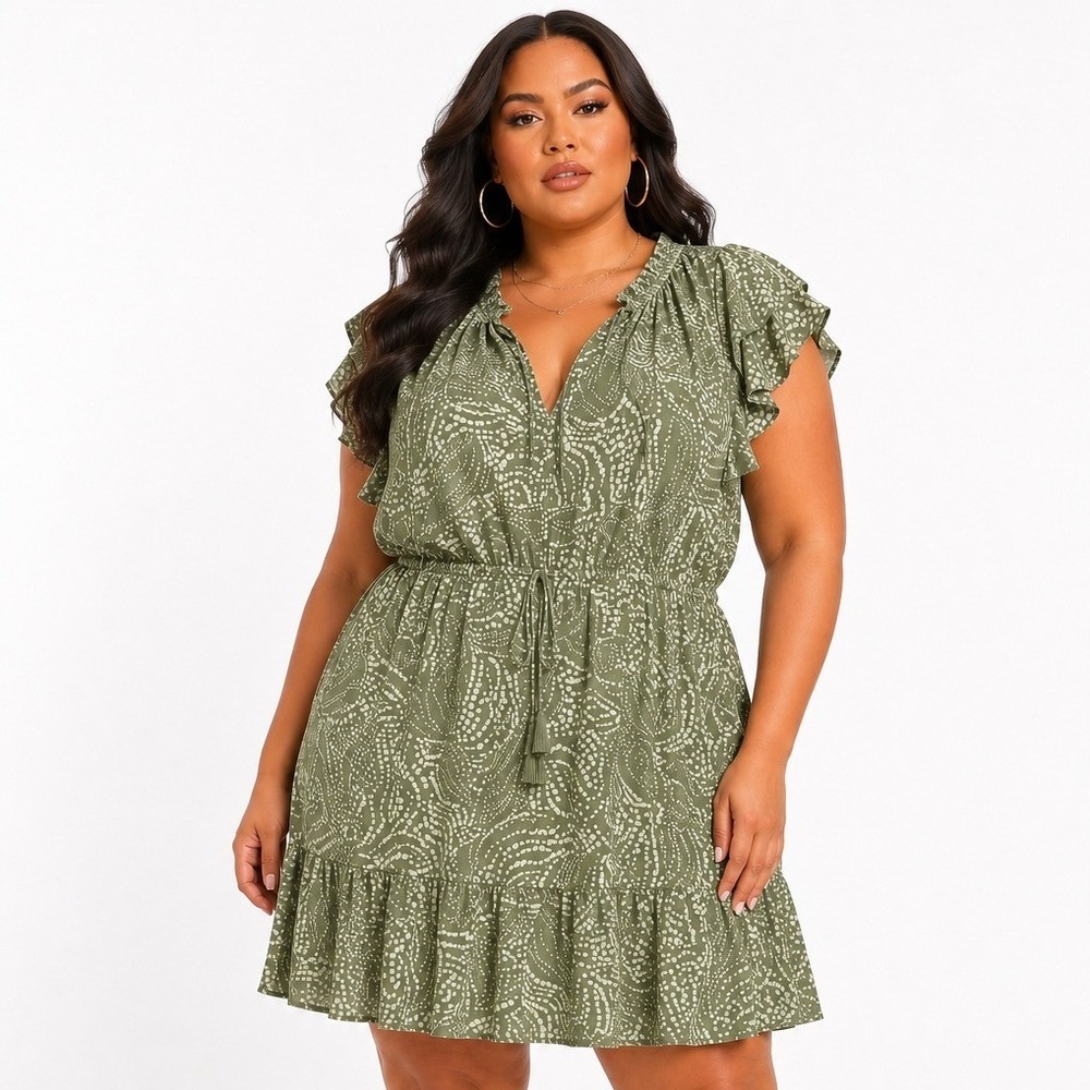Les Serein Clio Flutter Sleeve Aline Dress Green Abstract Dot Print 1X NWT